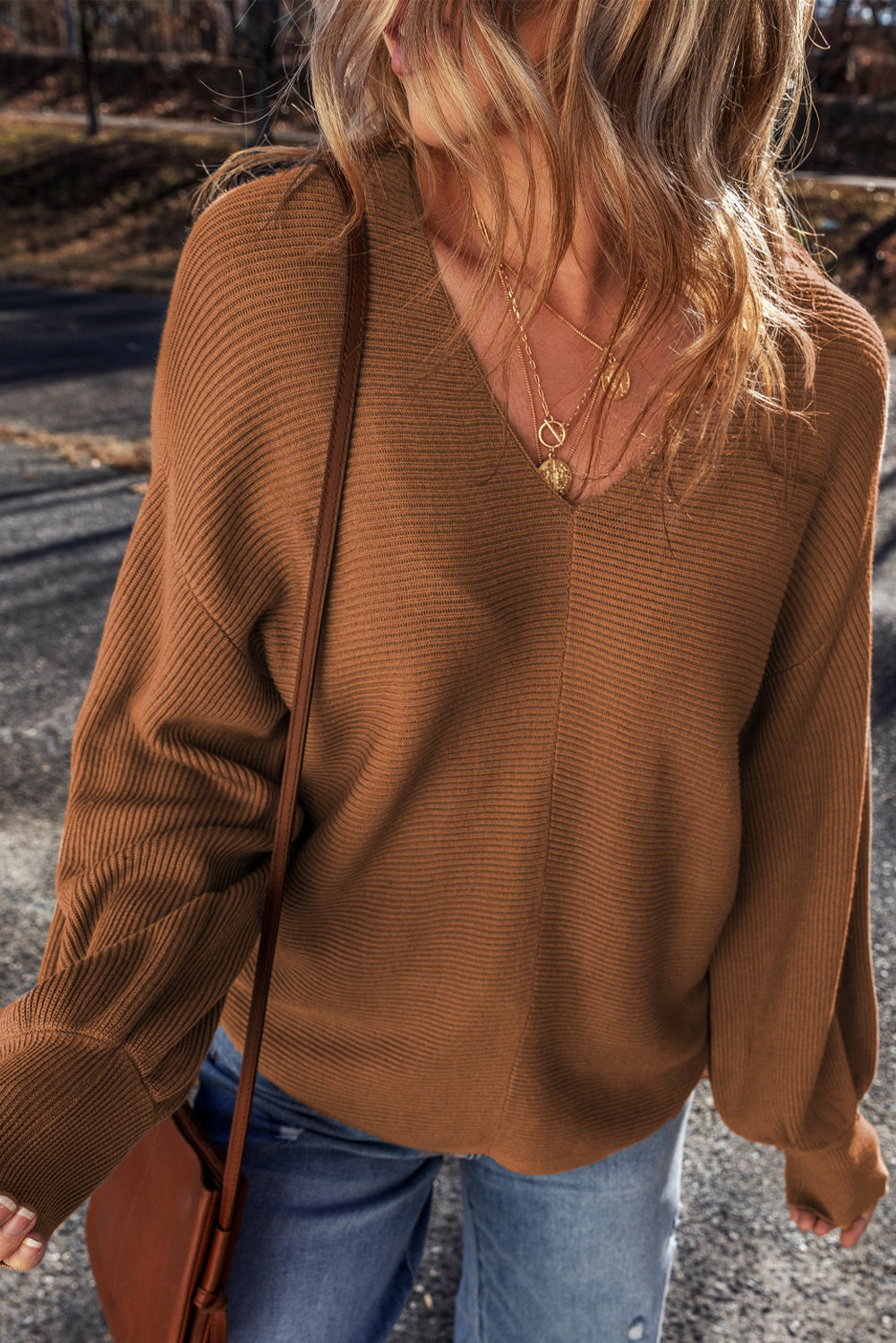 Camel Ribbed-Knit V-Neck Sweater