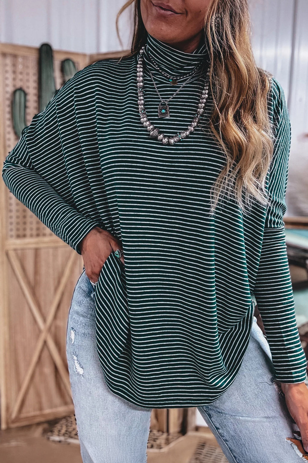 Green Stripe High Neck Long Sleeve Casual Top
