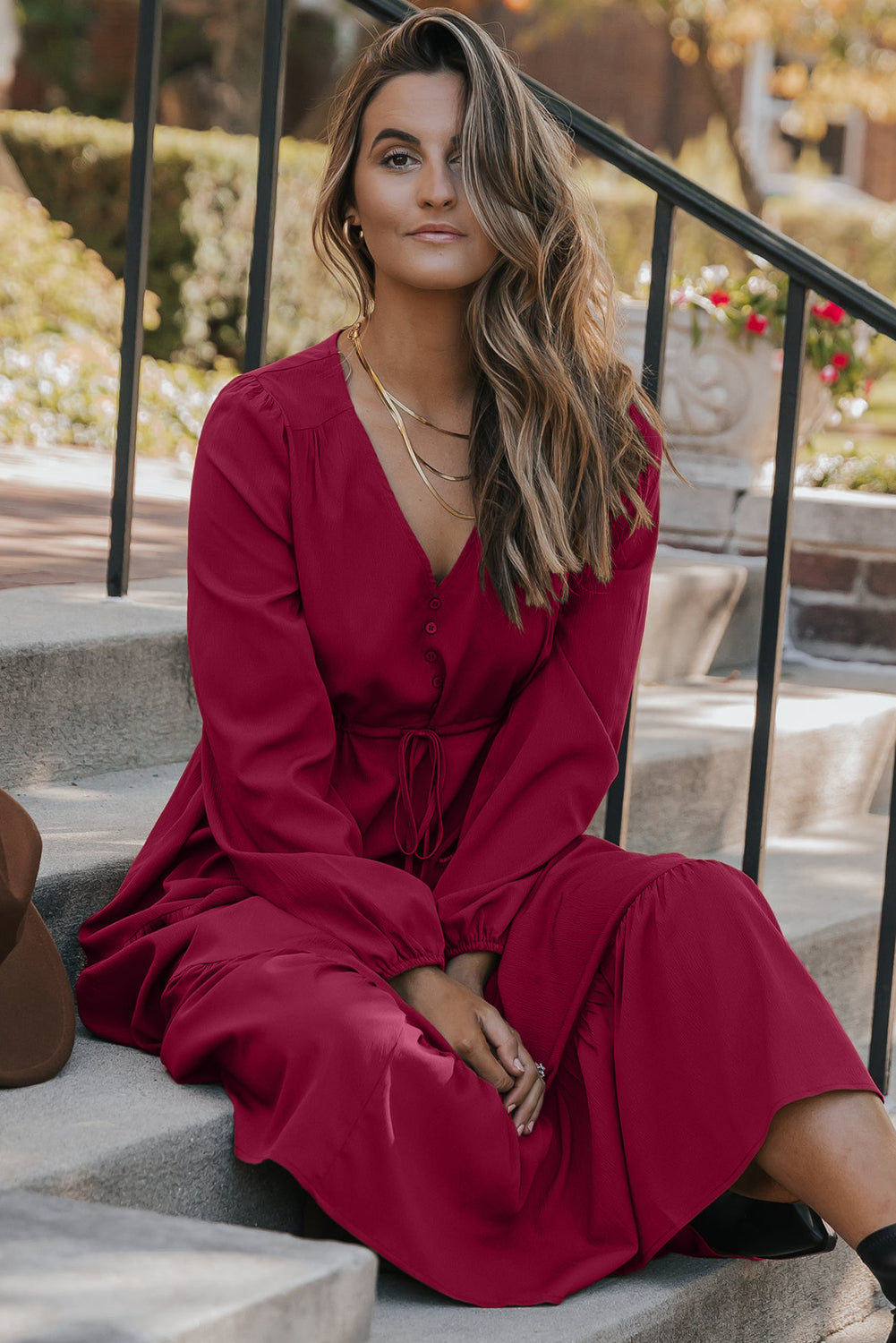 Burgund Long Sleeve V Neck Maxi Dress