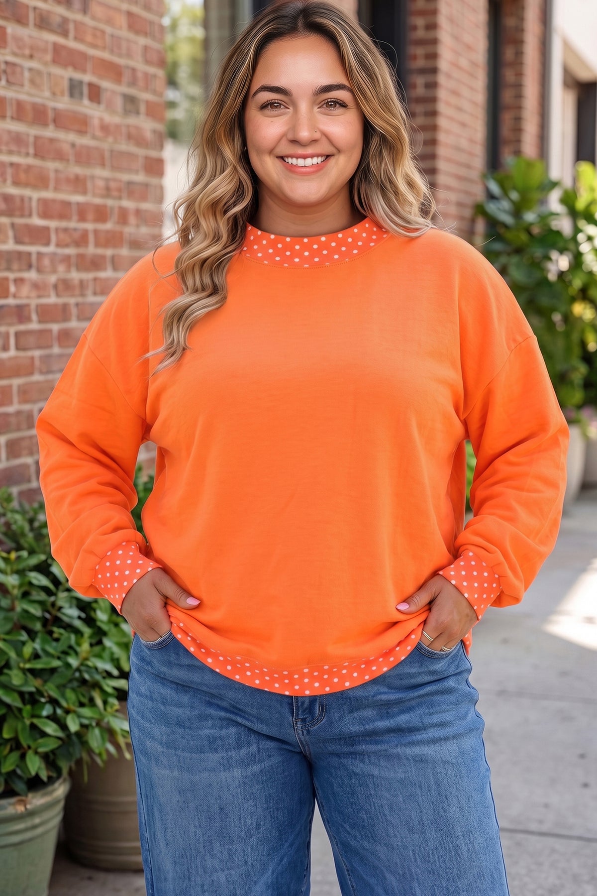 Burgundy polka dot patchwork plus size sweatshirt with round neck, casual style, from Dear-Lover, featuring cozy fabric and vibrant pattern.