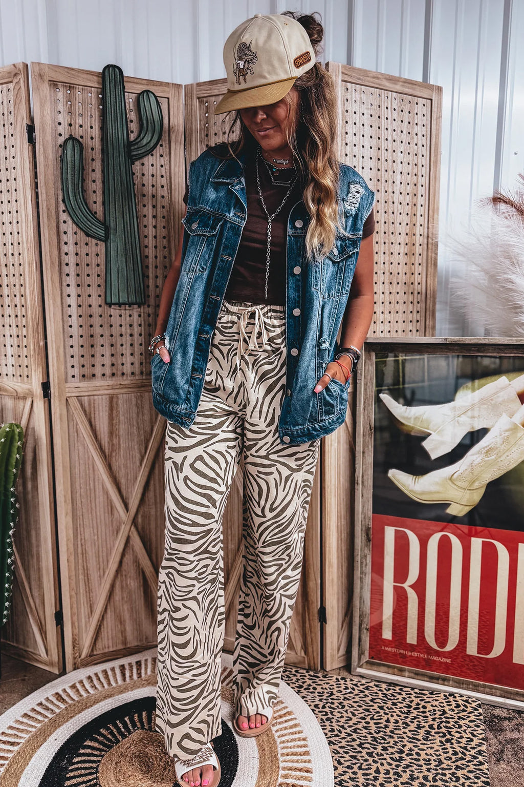 Multicolour Western print zebra pattern elastic waist full-length pants with pockets, casual bottoms by Dear-Lover.