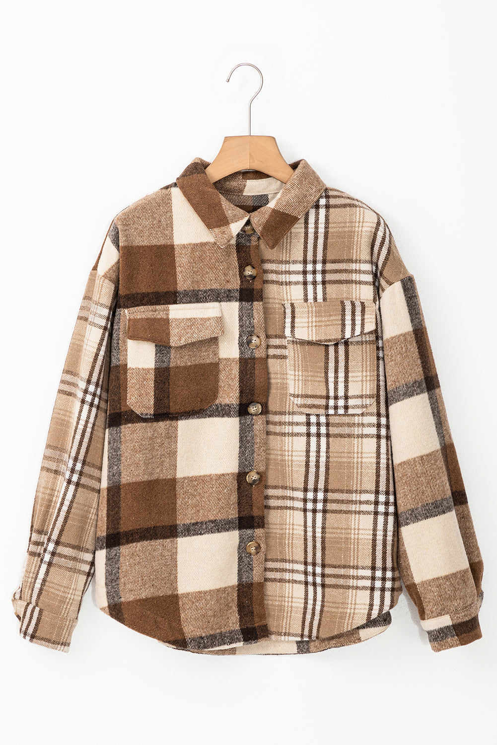 French beige flannel plaid shacket with double flap pockets, stylish and cozy, by Dear-Lover, perfect for casual fall wear