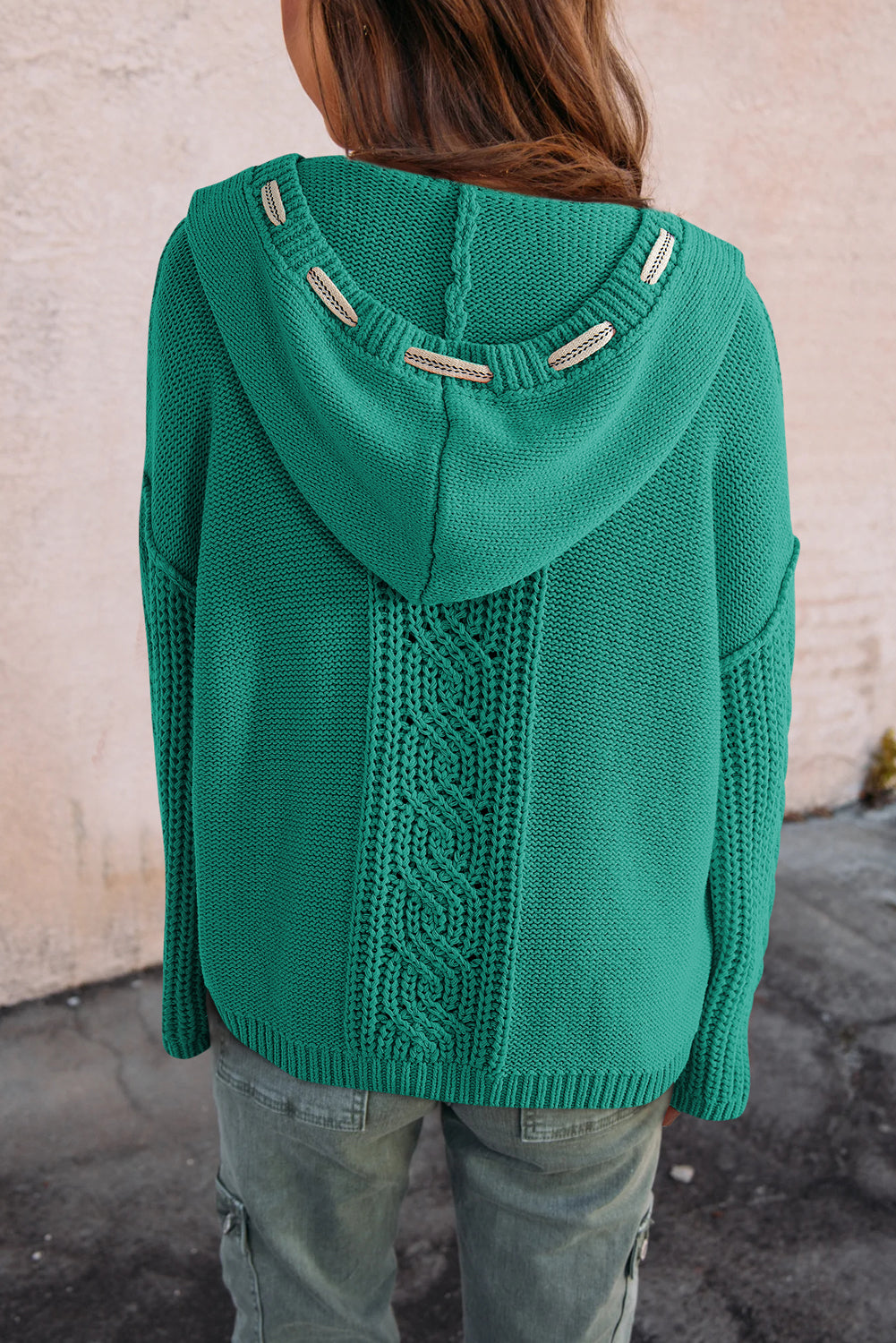 Sea Green Cable-Knit Hooded Sweater