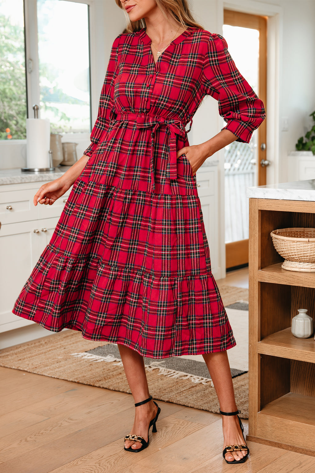 Red Christmas Plaid Tie-Waist Long Dress