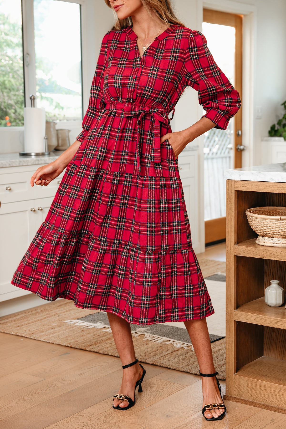 Red Christmas Plaid Tie-Waist Long Dress