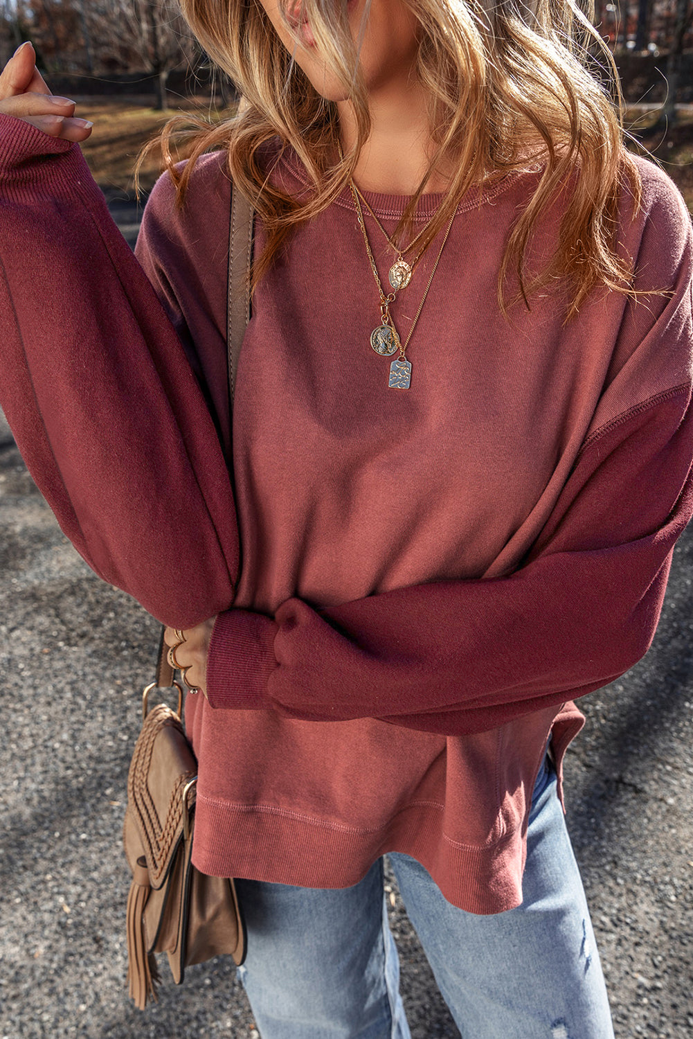 Mineral Red Two-Tone Patchwork Sweatshirt