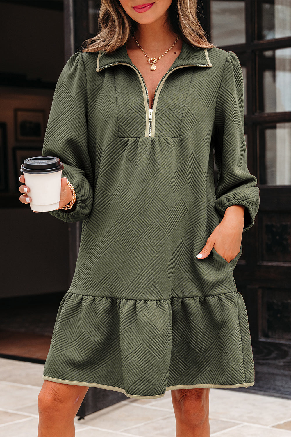 Jungle Green Quarter-Zip Mini Dress
