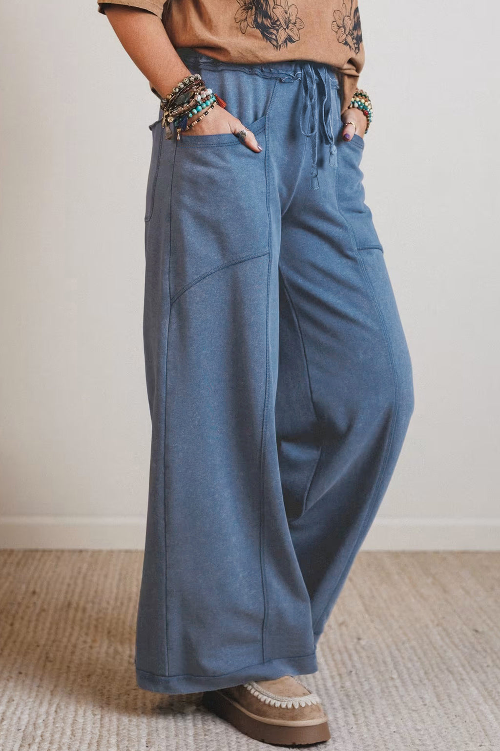 Smoke gray cotton mineral wash high waist wide-leg Western pants with drawstring, retro style, from Dear-Lover.