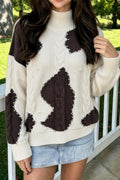 Beige cable detail knit sweater with beaded western spots, casual style from Dear-Lover, perfect for cozy everyday wear.
