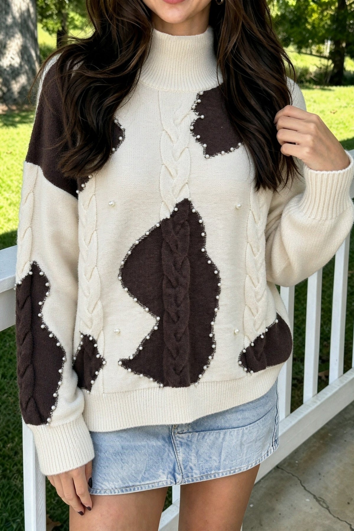 Beige cable detail knit sweater with beaded western spots, casual style from Dear-Lover, perfect for cozy everyday wear.