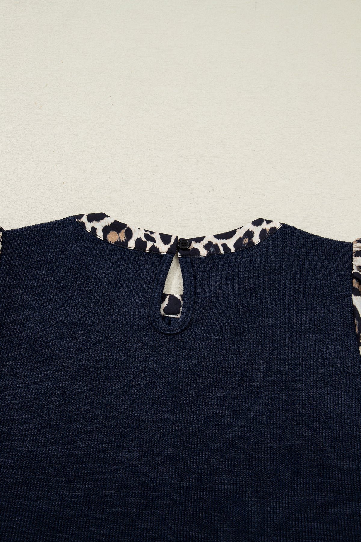 Navy Blue Ribbed Contrast Leopard Patchwork Short Sleeve Top