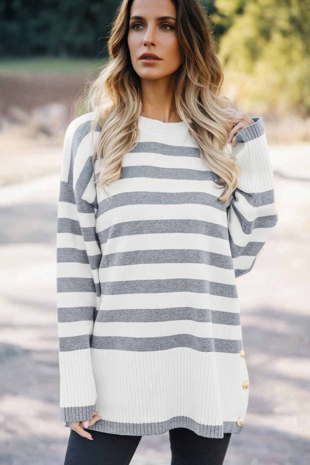 Gray Stripe Ribbed Tunic Sweater