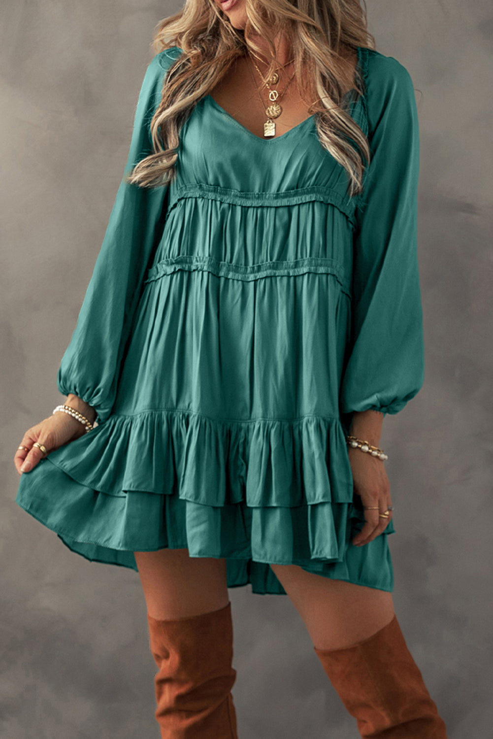 Mist Green Tiered Puff-Sleeve Mini Dress