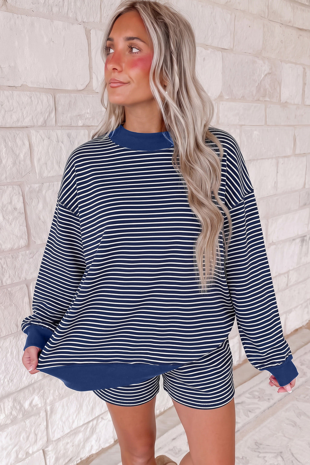 Blue Stripe Pullover & Shorts Set