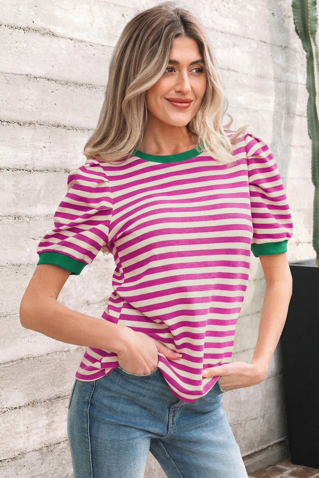 Green Stripe Puff-Sleeve Tee