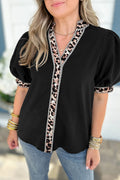 Black V Neck Short Puff Sleeve Contrast Striped Leopard Trim Button Down Shirt