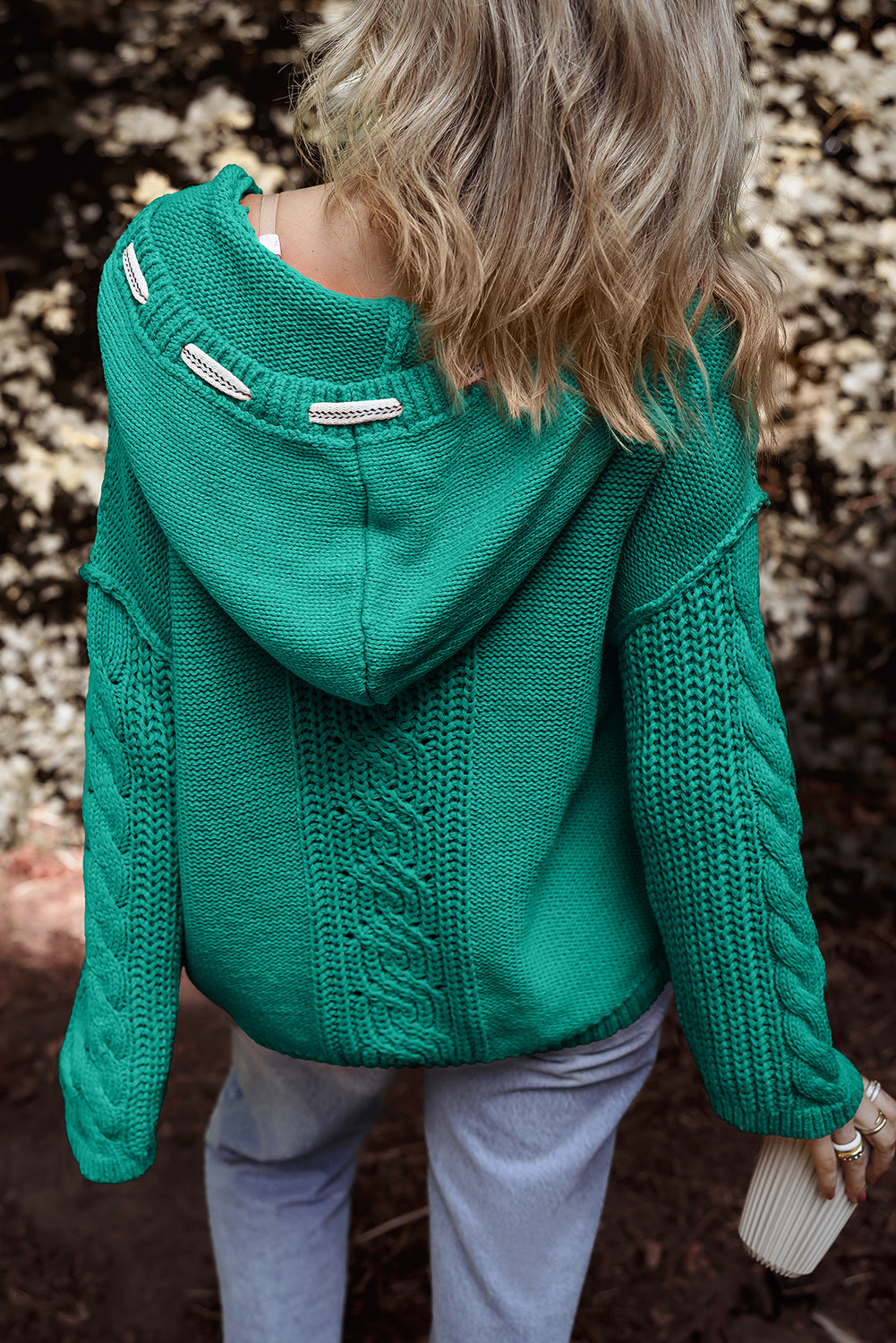Sea Green Cable-Knit Hooded Sweater