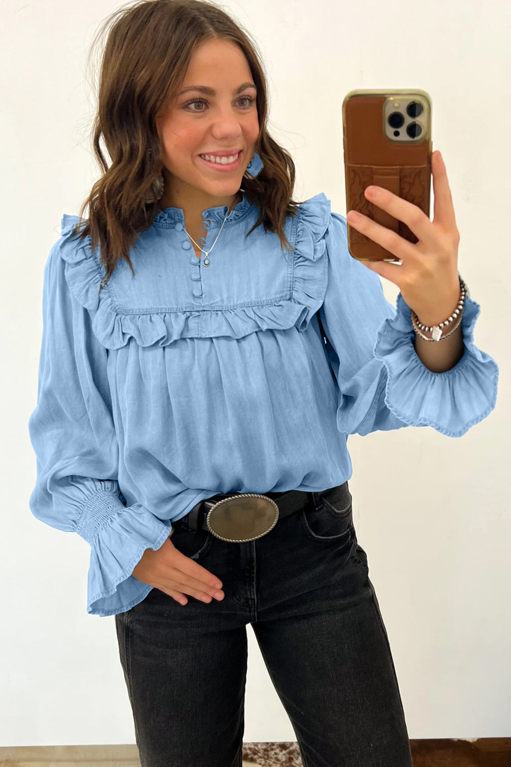 Beau Blue Western Ruffle V-Neck Long-Sleeve Chambray Blouse