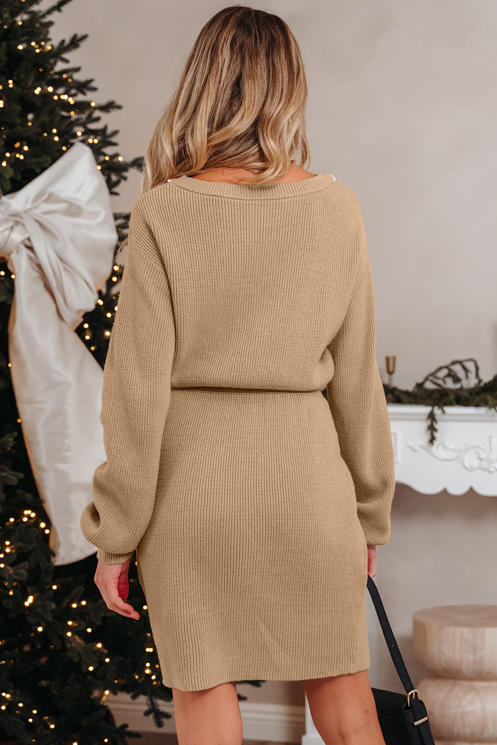 Smoke Gray Pearl Embellished Sweater Dress
