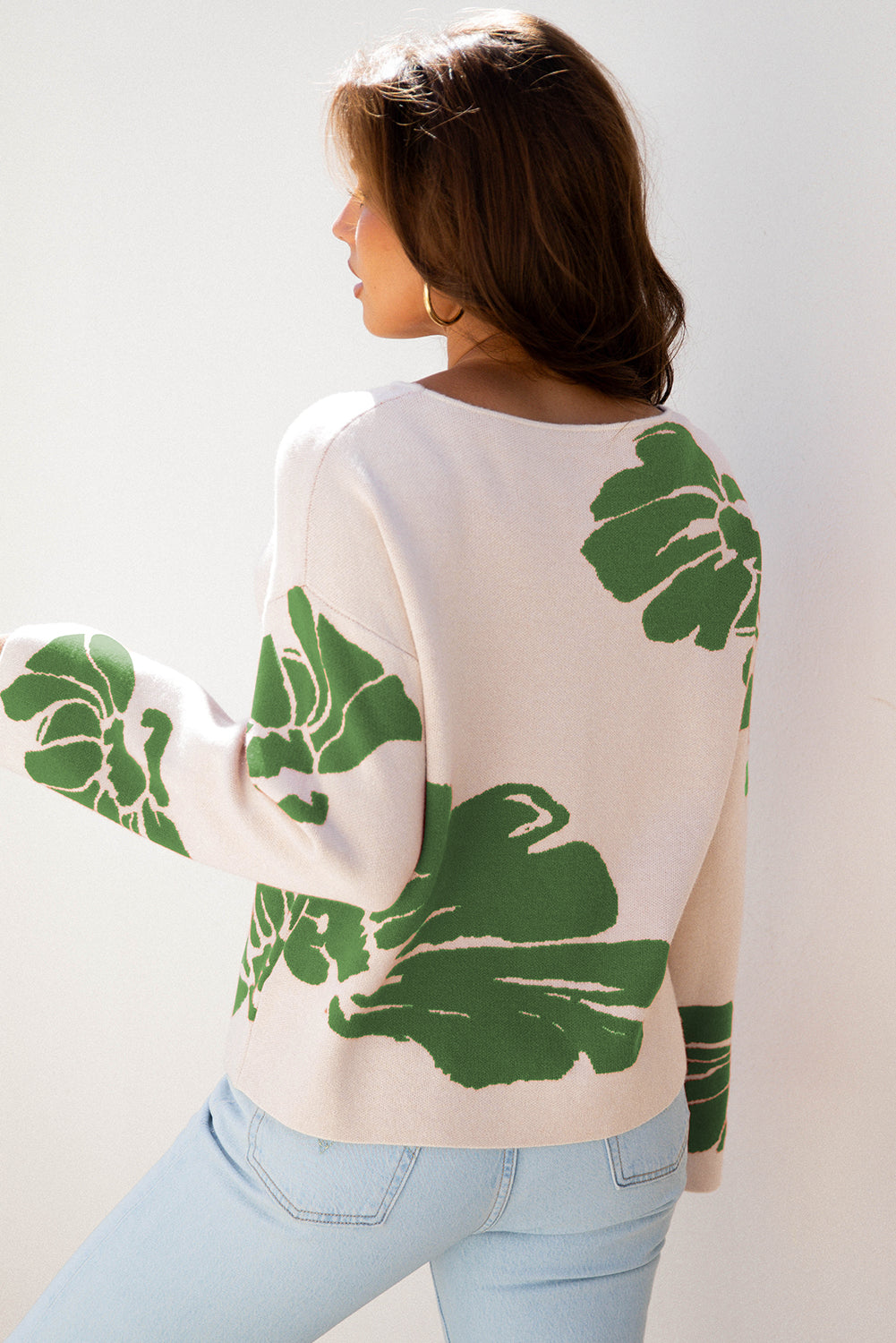Beige Bold Flower Pattern Wide Sleeve Baggy Sweater