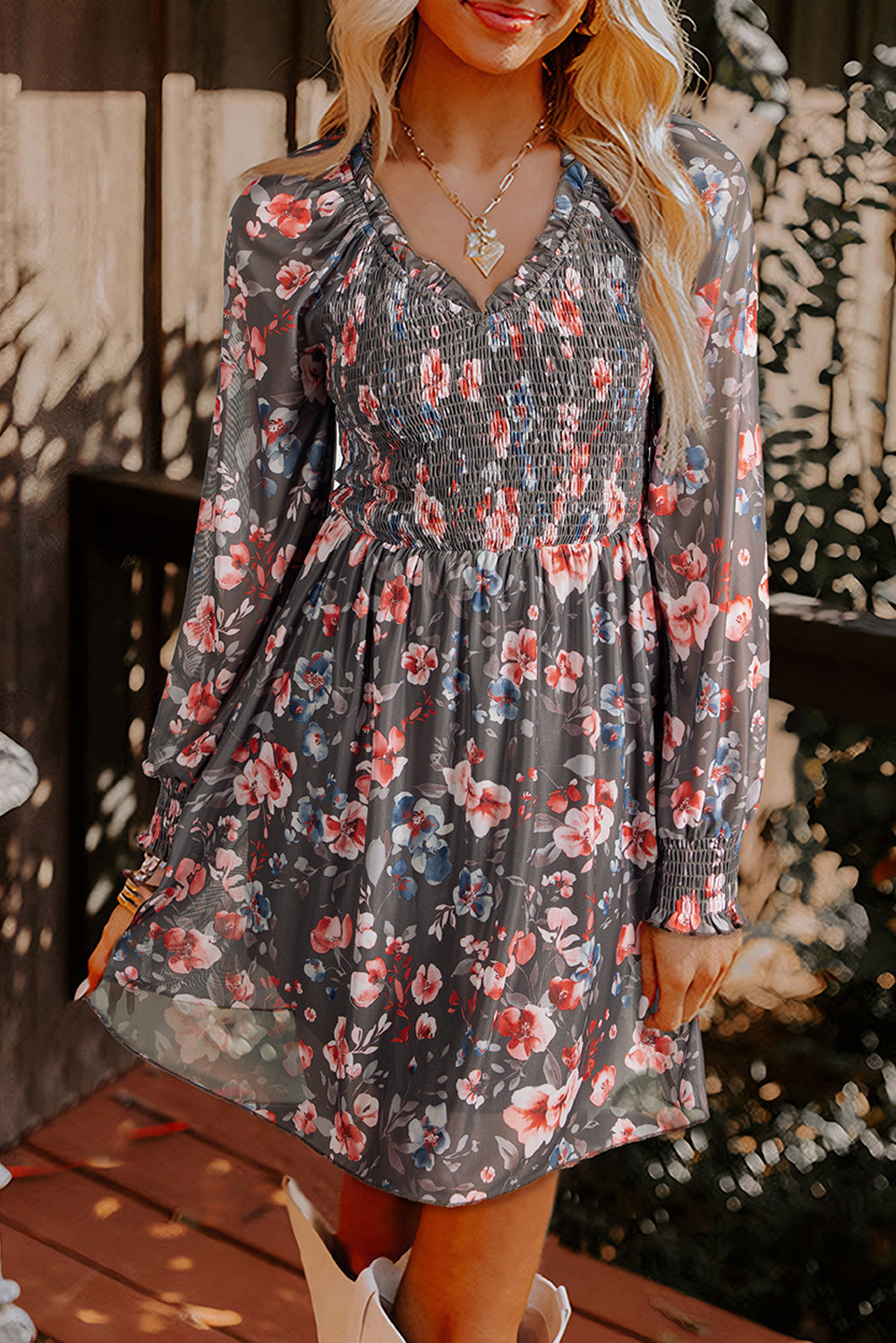 Brown Smocked Floral Mesh Mini Dress