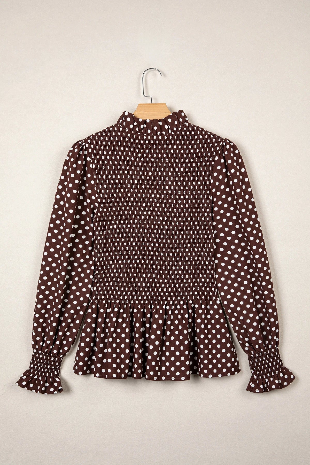 Polka Dot Shirred Ruffle Hem Long Sleeve Blouse