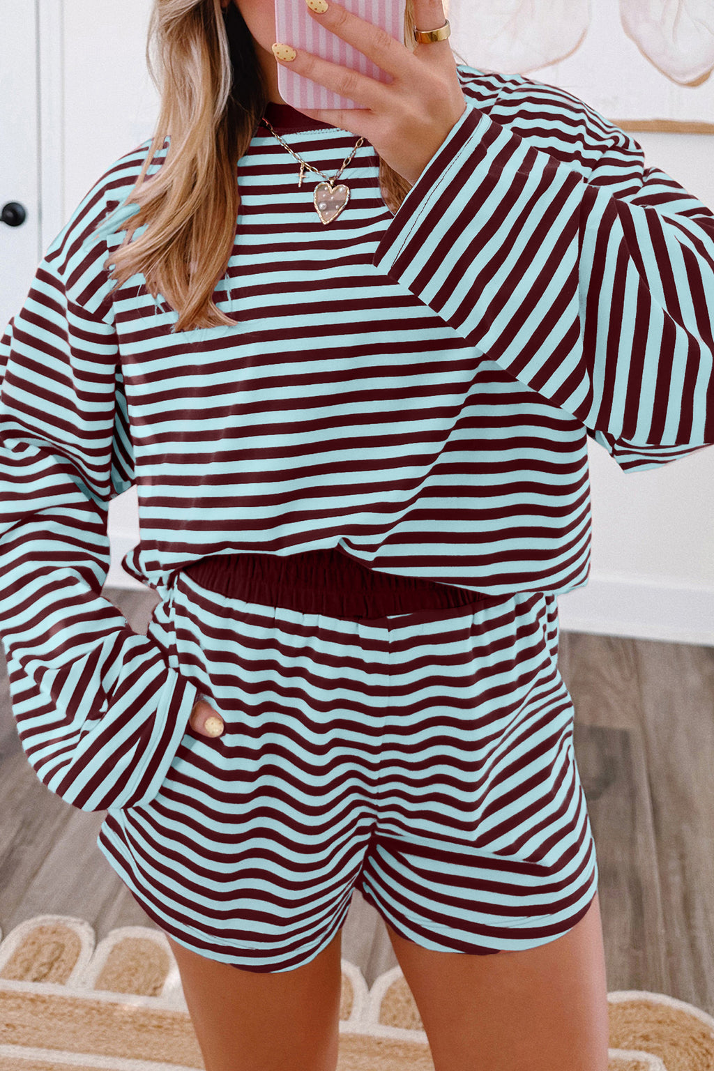 Brown stripe long sleeve top and matching shorts with contrast elastic waistband, casual two-piece set by Dear-Lover.