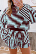 Brown stripe long sleeve top and matching shorts with contrast elastic waistband, casual two-piece set by Dear-Lover.