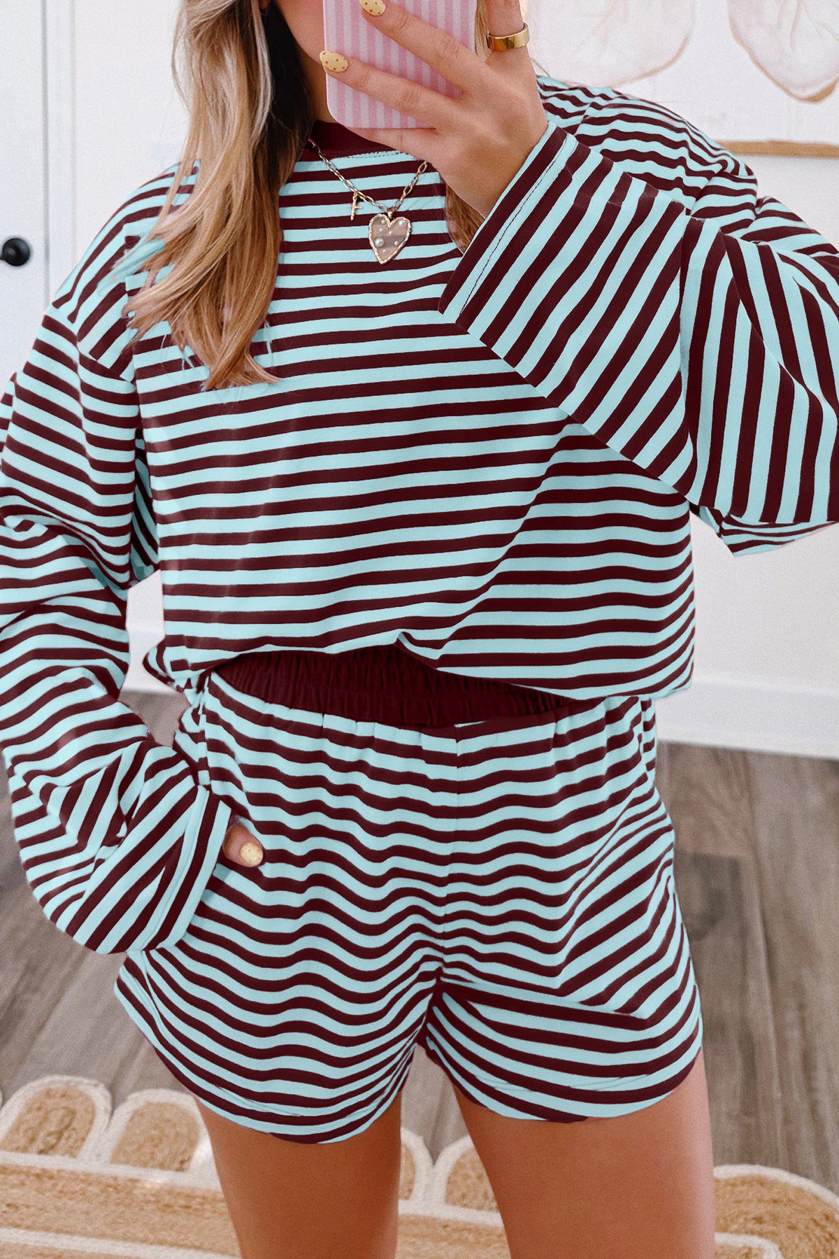 Brown stripe long sleeve top and matching shorts with contrast elastic waistband, casual two-piece set by Dear-Lover.