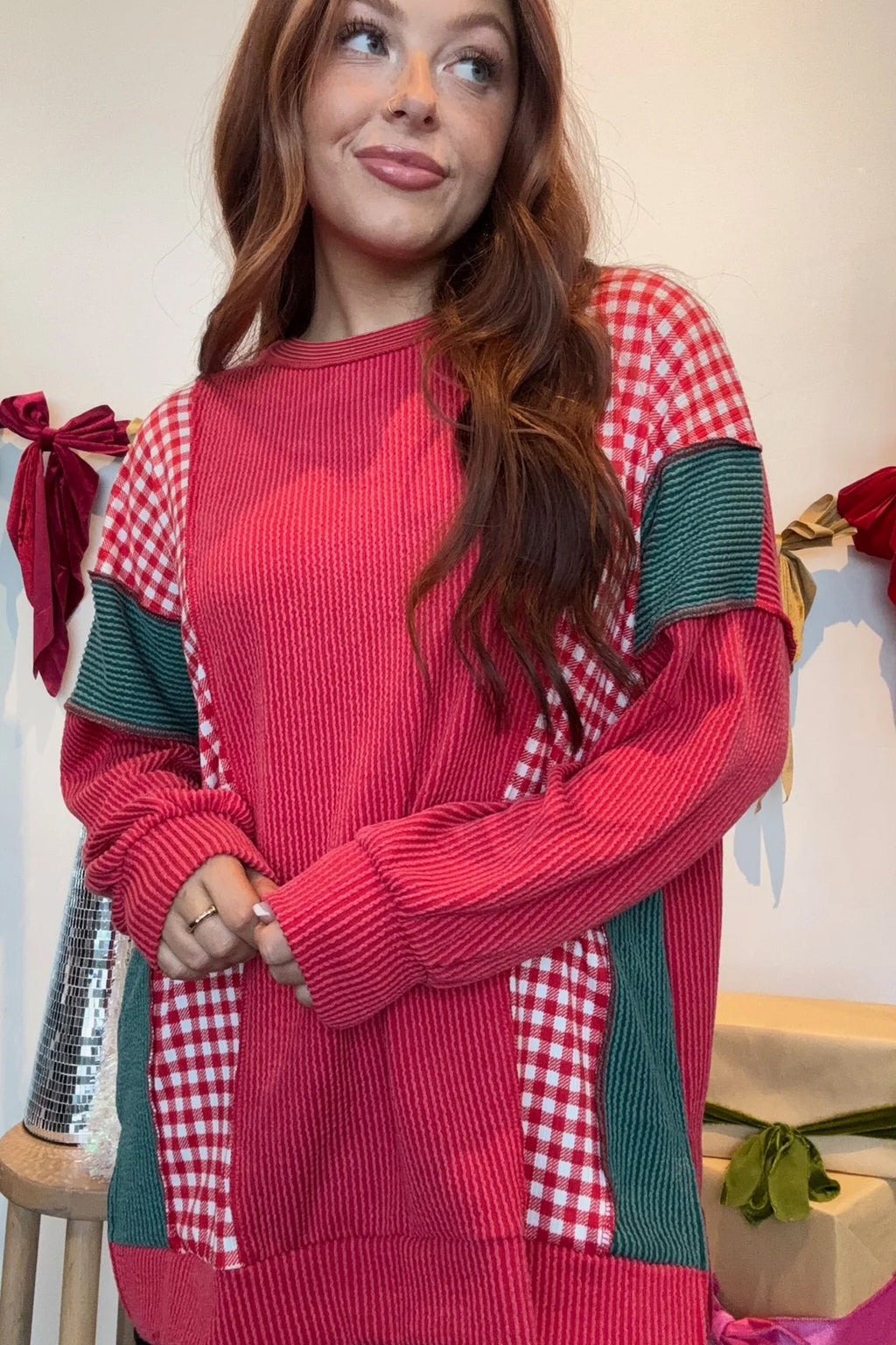 Fiery Red Plaid Patchwork Top