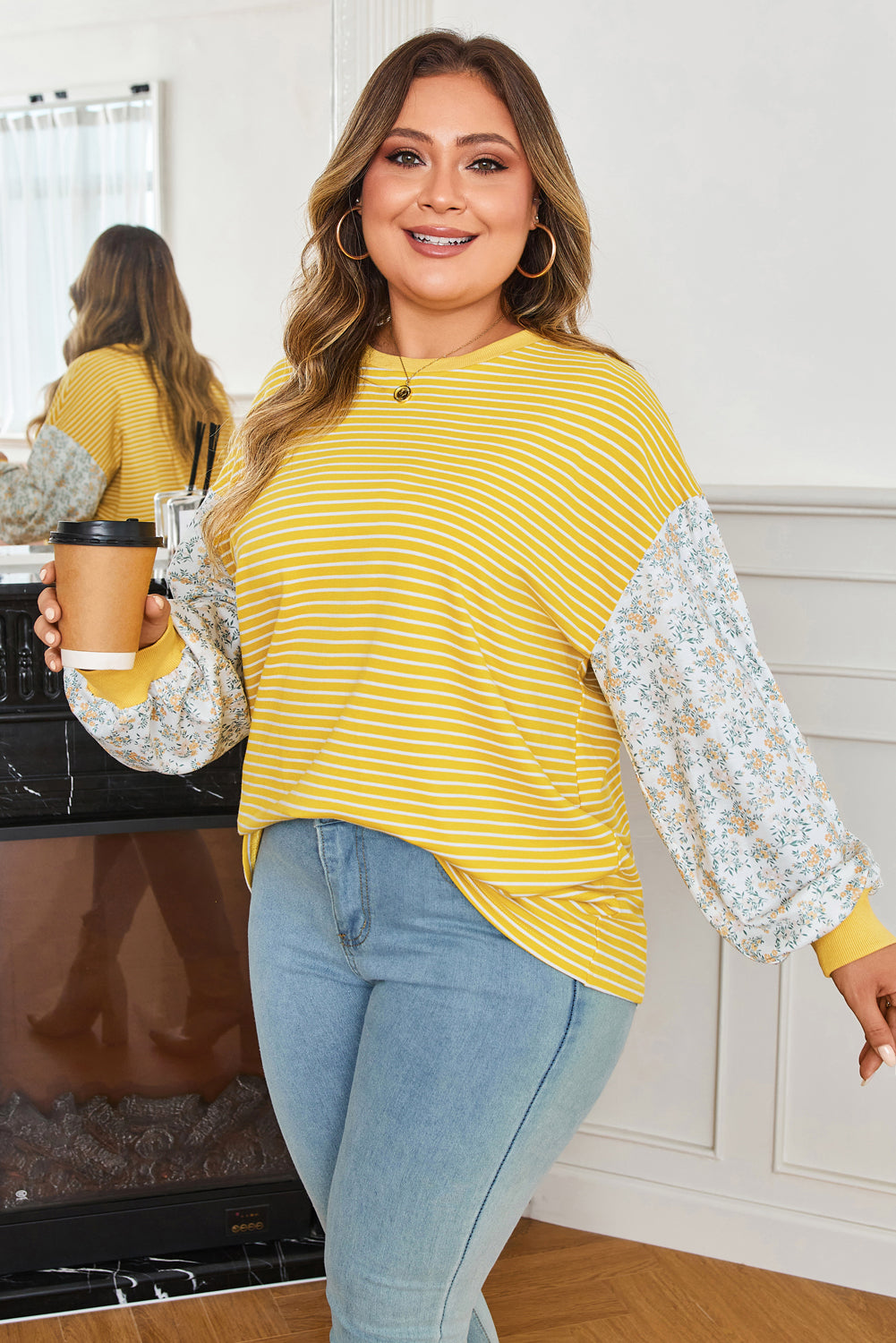 Yellow striped plus size top with floral sleeve patches, loose fit, long sleeves, by Dear-Lover.