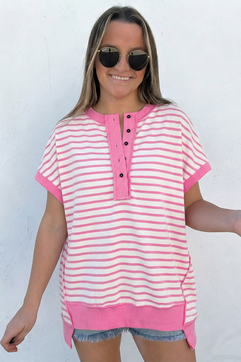 Pink Stripe Half Placket High Low Short-Sleeve Top