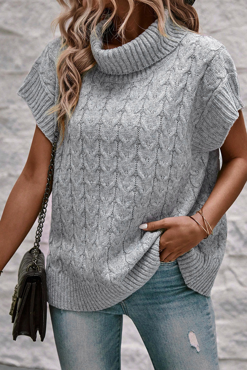 Light French Beige Cable Knit Turtleneck Sweater
