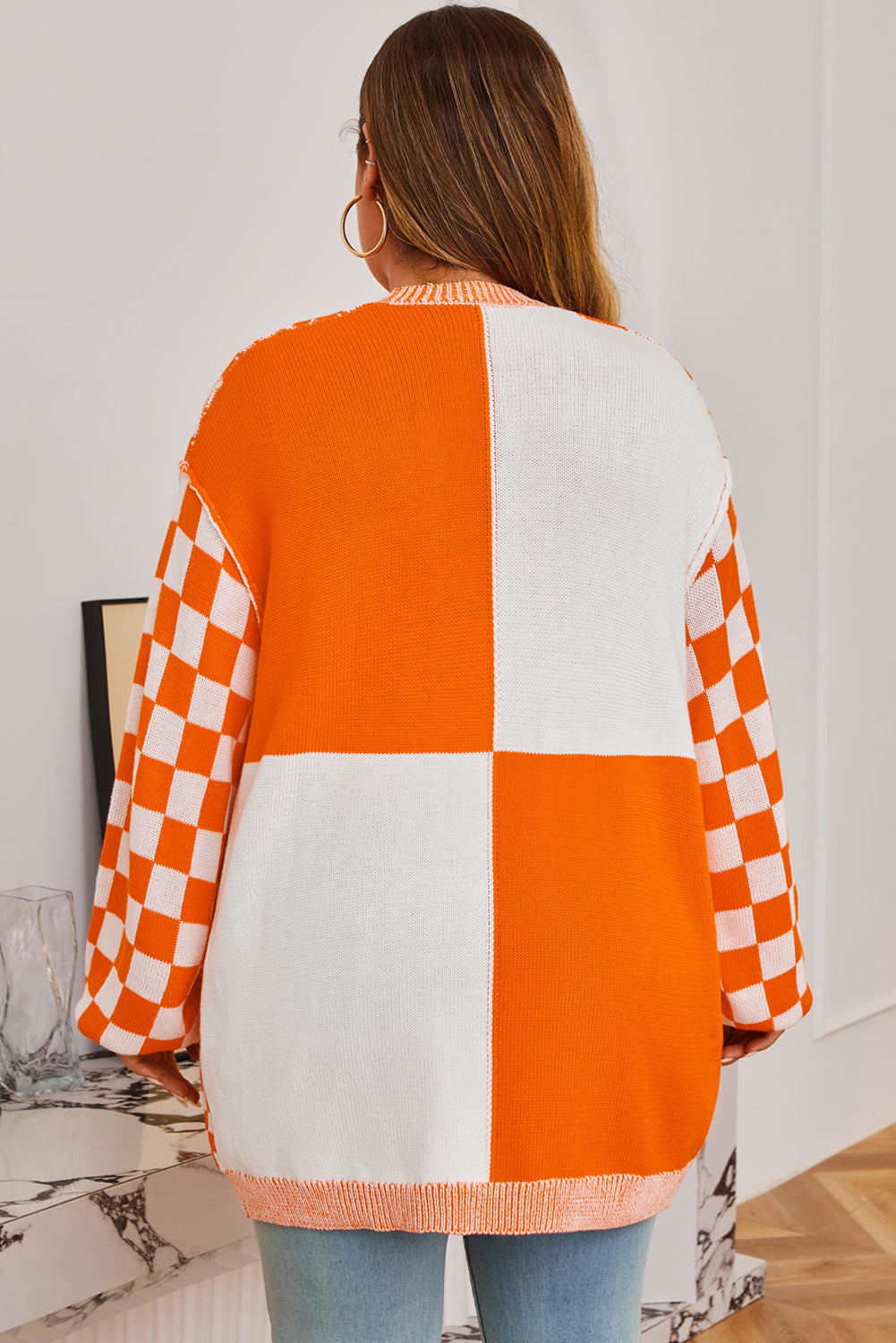 Orange Plus Size Checkered Bubble Sleeve Drop Shoulder Open Cardigan