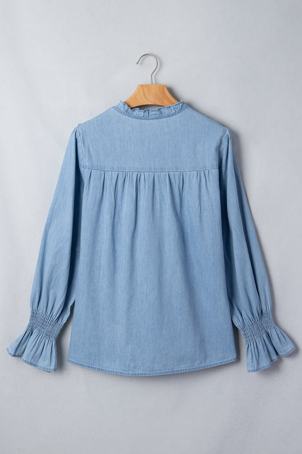 Beau Blue Western Ruffle V-Neck Long-Sleeve Chambray Blouse