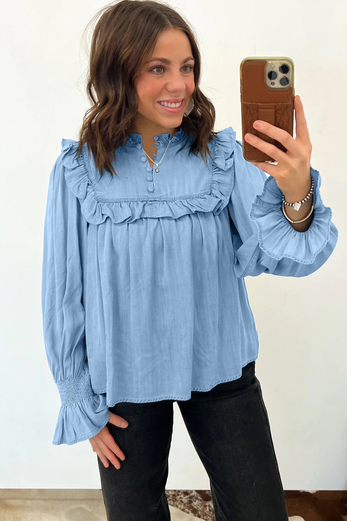 Beau Blue Western Ruffle V-Neck Long-Sleeve Chambray Blouse