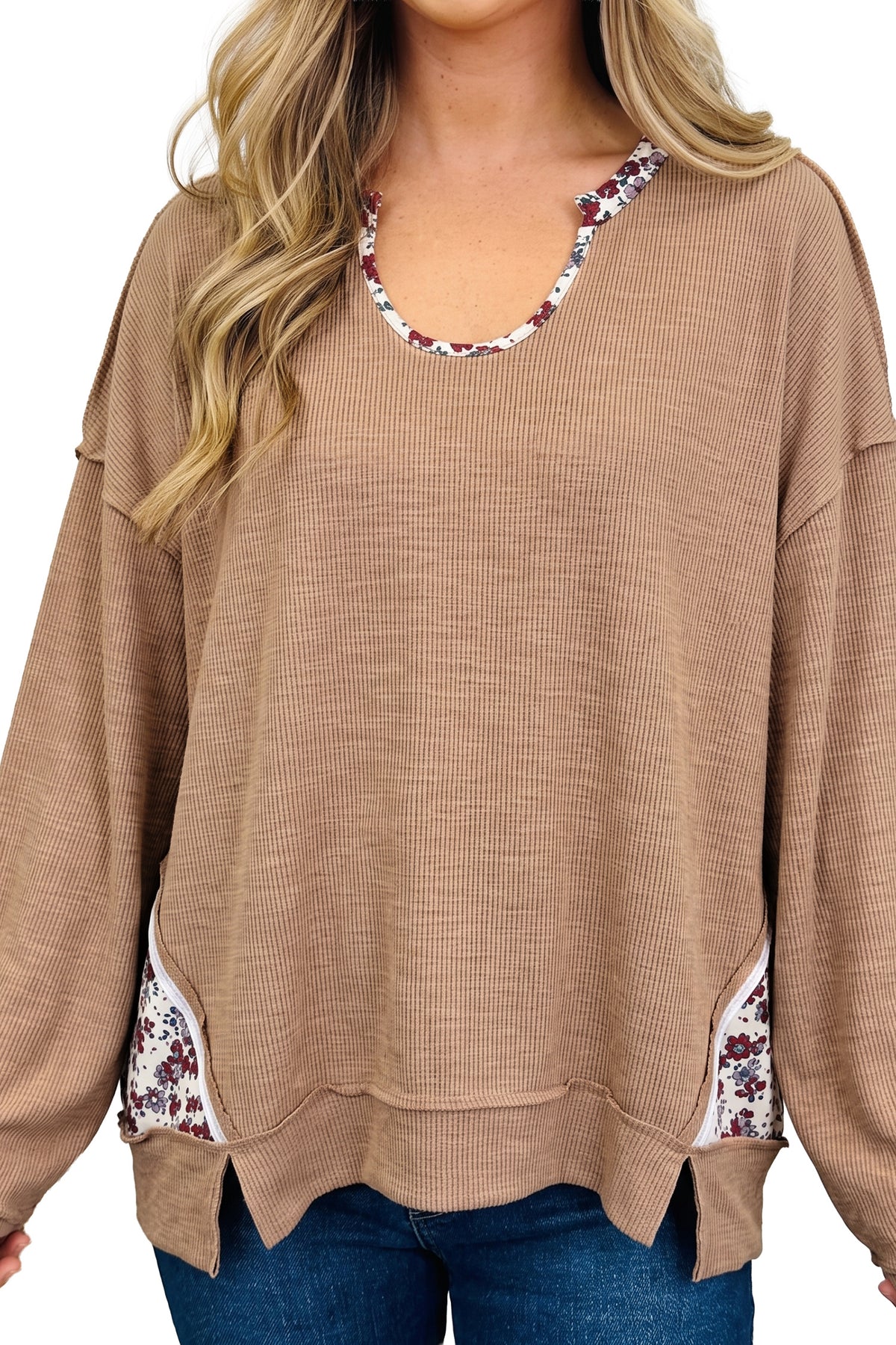 French beige floral trim long sleeve tunic top by Dear-Lover, U-neck casual pullover with floral accents and comfortable fit.