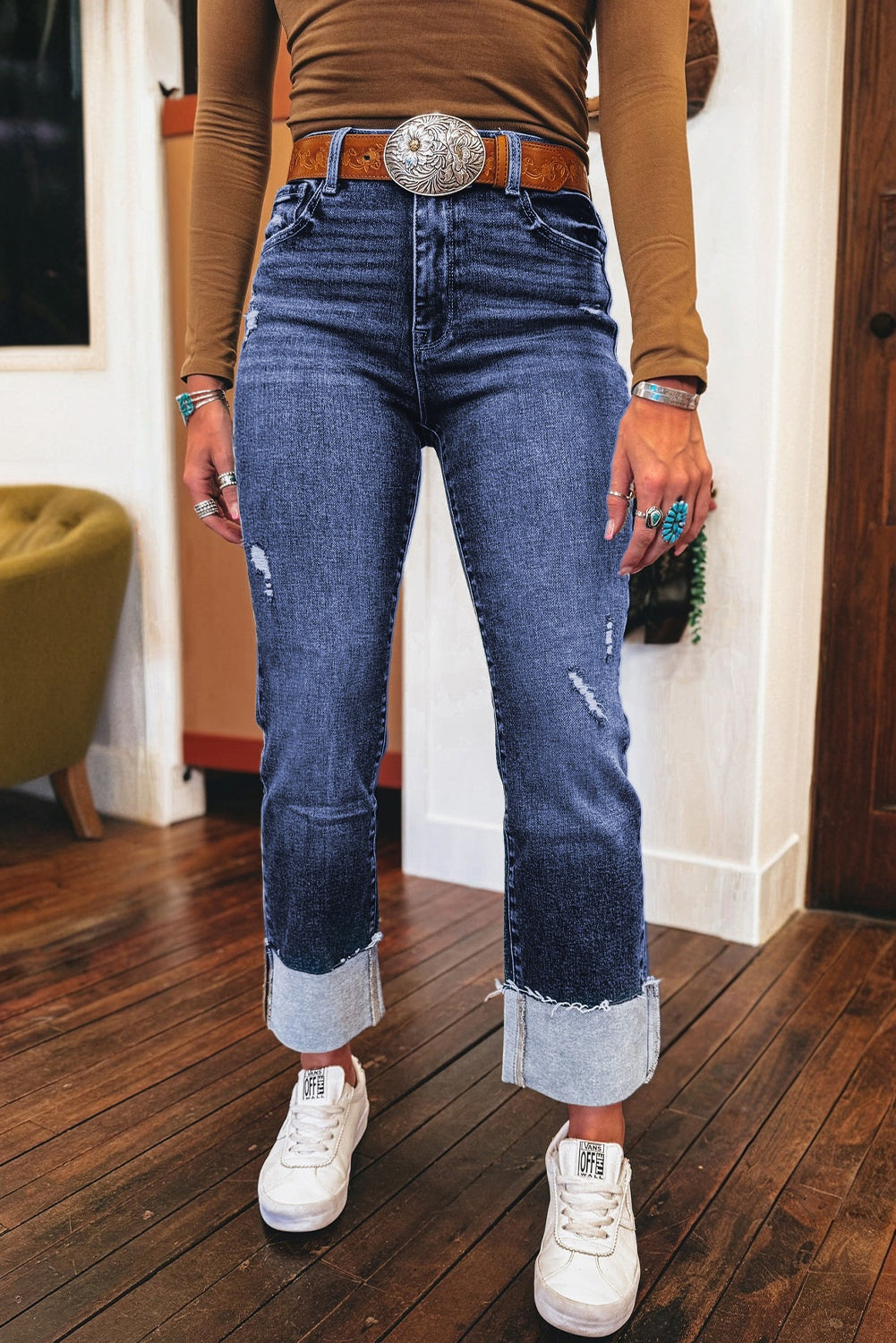 Real Teal Folded Cuffs Distressed Straight High Waist Jeans