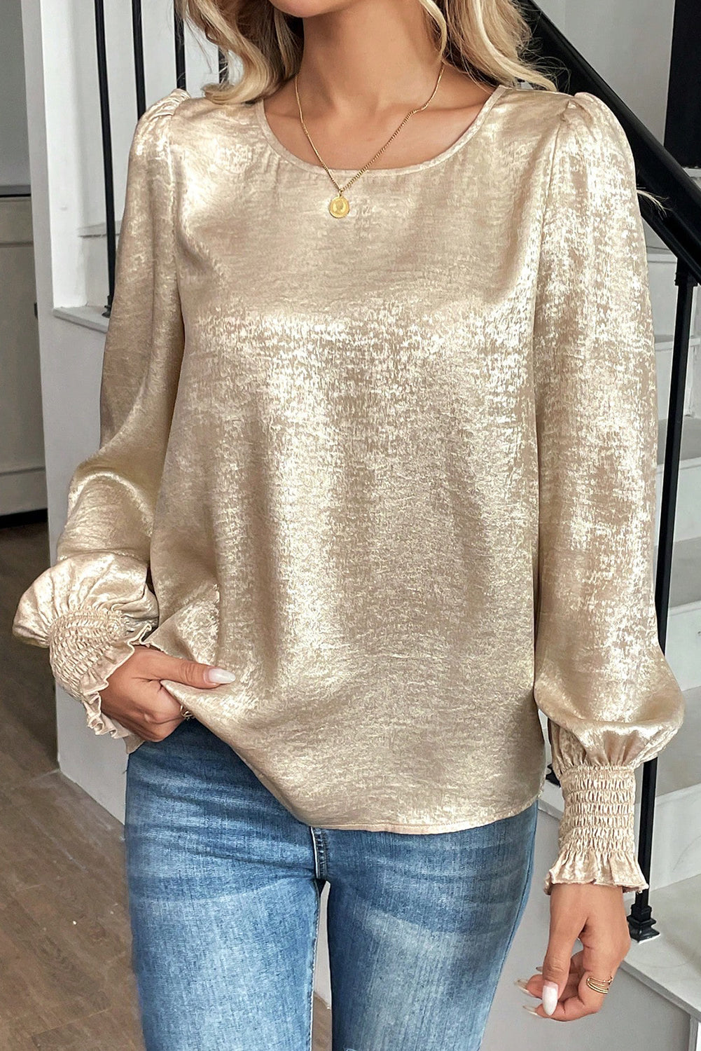 Apricot Metallic Round Neck Smocked Long Sleeve Blouse