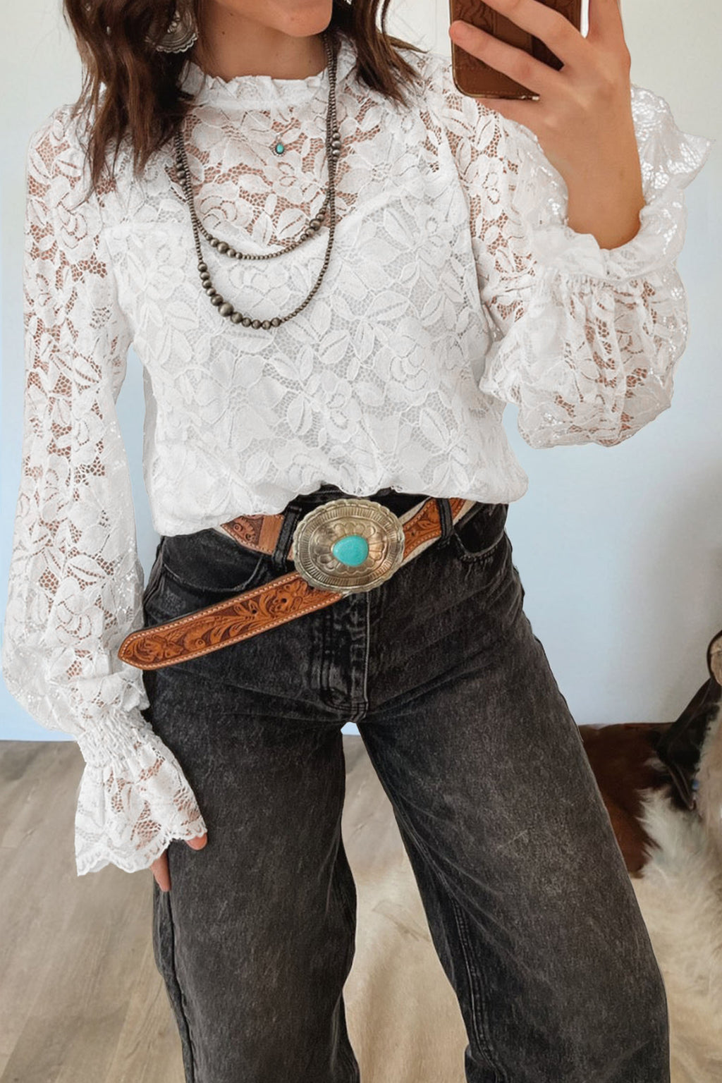 White Ruffled Sheer Lace Blouse