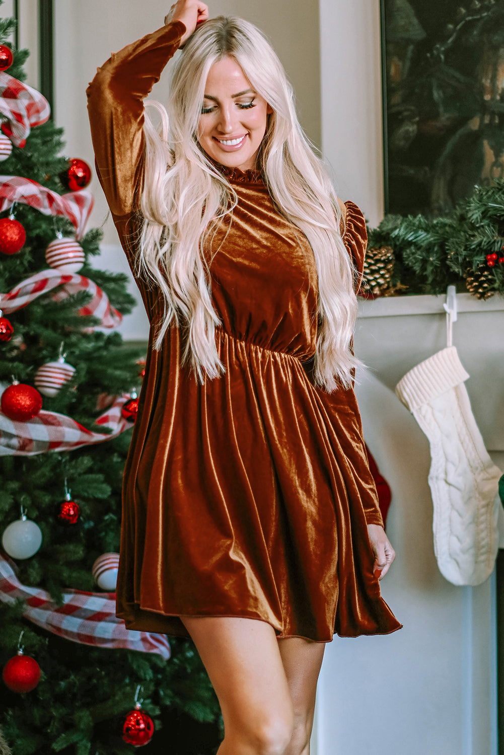 Chestnut velvet swing dress with frilled neckline and gigot sleeves, stylish mini dress from Dear-Lover.