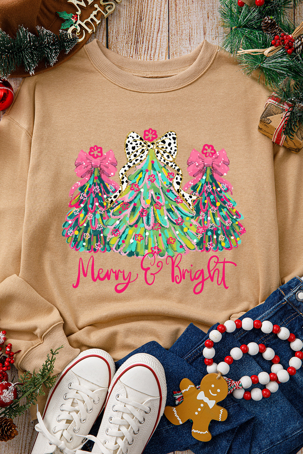 Khaki Merry & Bright Christmas Tree Sweatshirt