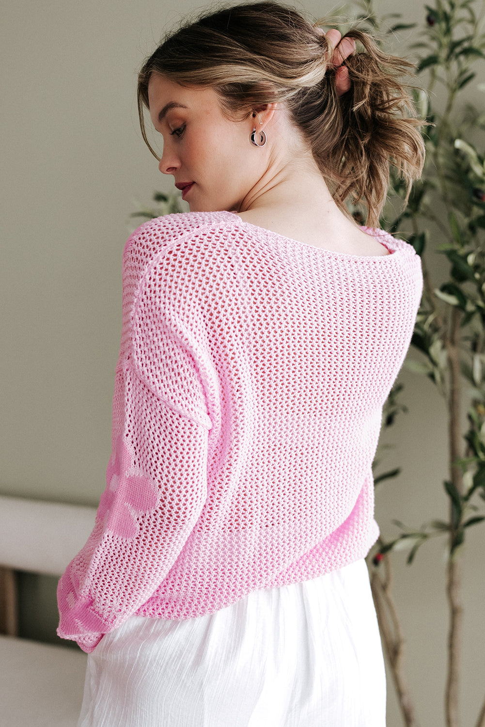 Sea Green Big Flower Drop-Shoulder Sweater