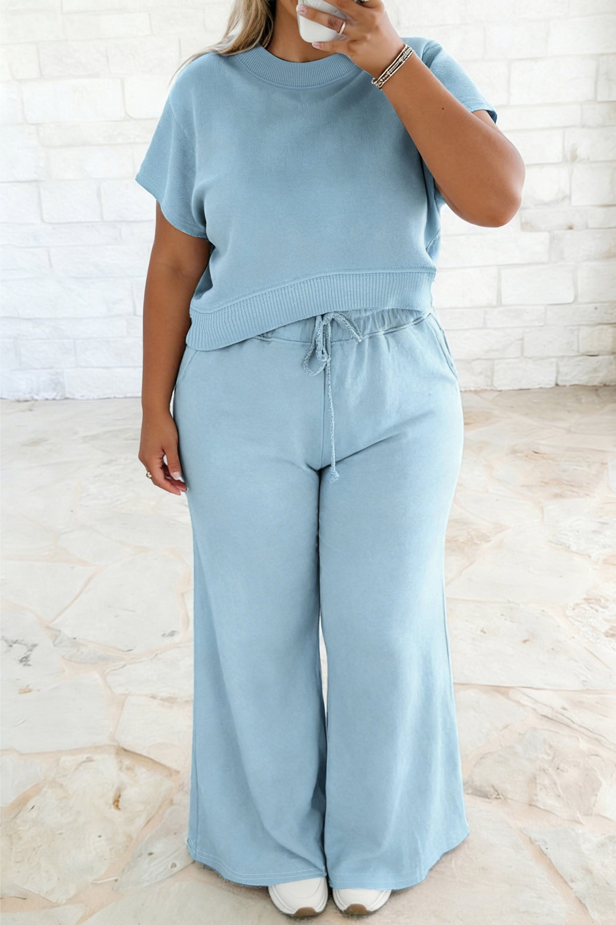 Plus size Dear-Lover aqua ribbed short sleeve top and loose drawstring pants, comfortable loungewear set, solid color 2-piece outfit