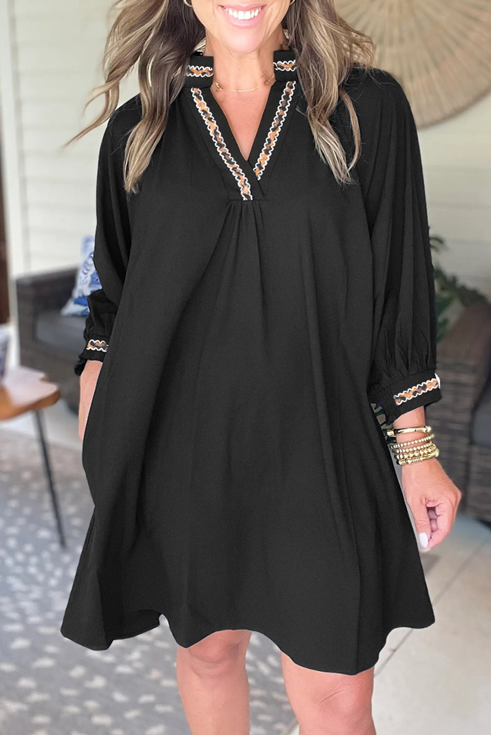 Black Contrast-Trim Shift Mini Dress
