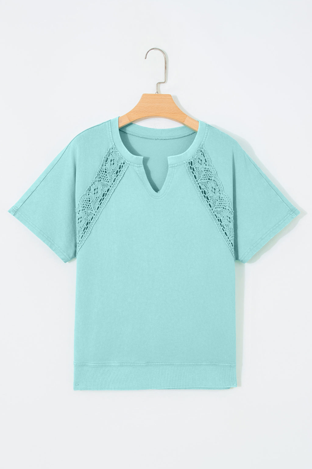 Pink Raw Cut Notched Neck Lace Patchwork Detail Mineral Wash Tee
