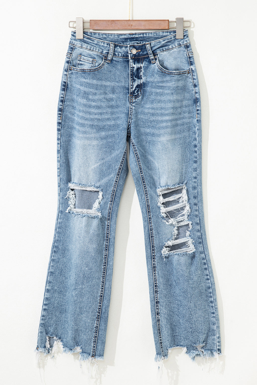 Dear-Lover Raw Hem Ripped Open Knee Fit Flare Jeans, denim bottoms with distressed detailing and a fitted flare silhouette.
