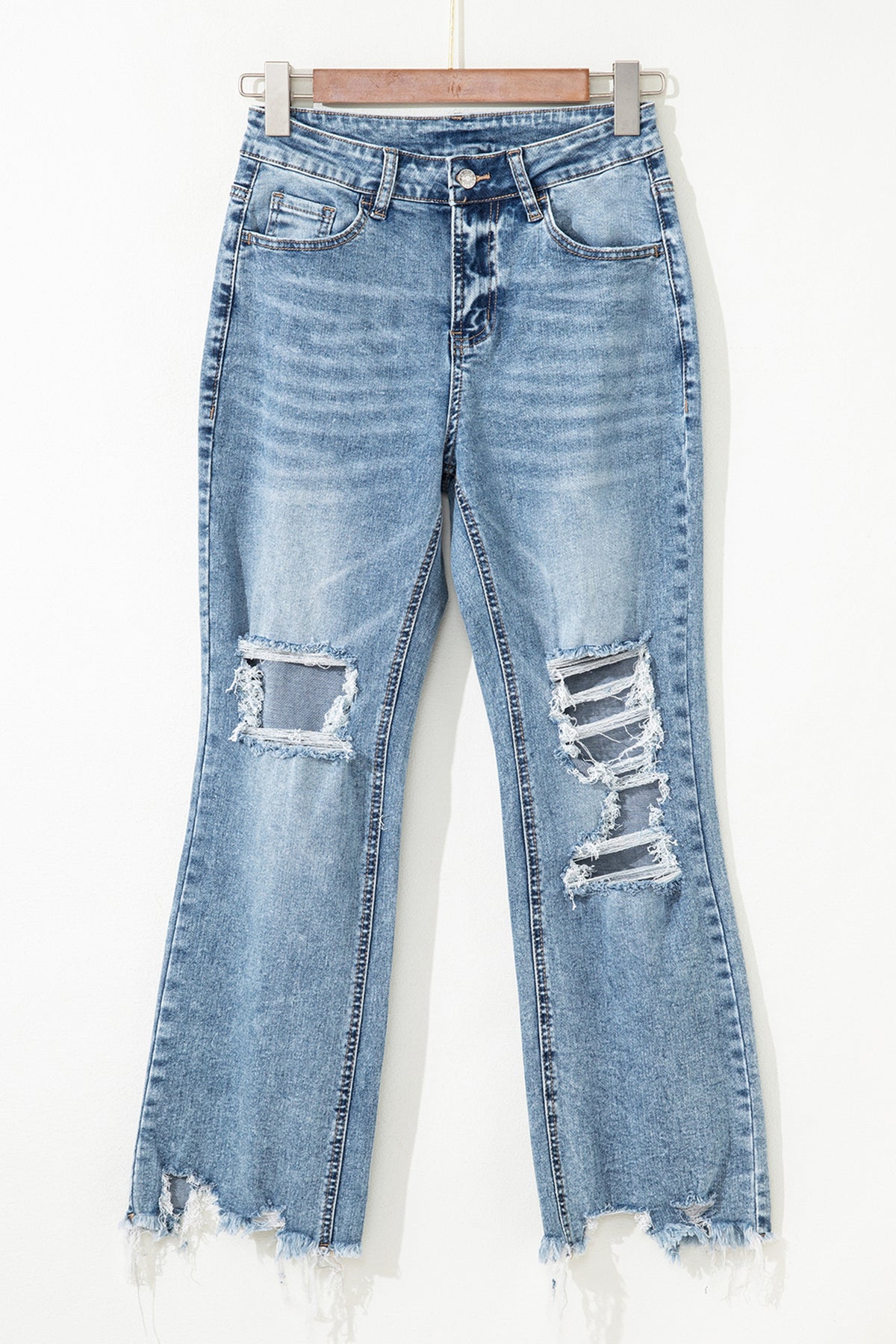 Dear-Lover Raw Hem Ripped Open Knee Fit Flare Jeans, denim bottoms with distressed detailing and a fitted flare silhouette.