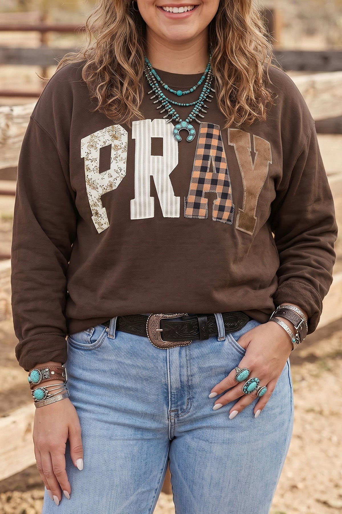 Gray plus size sweatshirt with pray letter patchwork, round neck, long sleeves, by Dear-Lover, casual and comfortable fit.