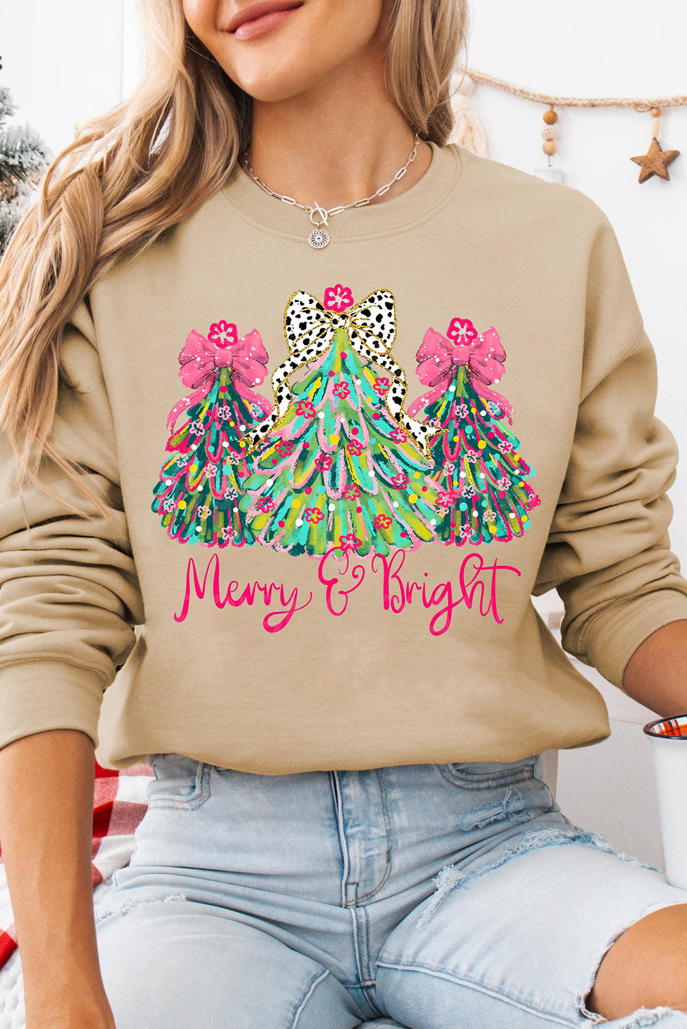 Khaki Merry & Bright Christmas Tree Sweatshirt